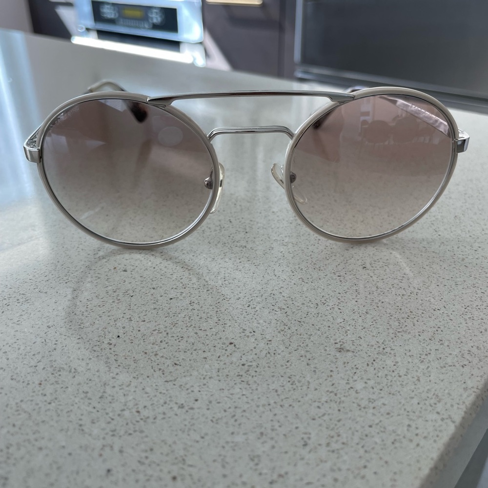 Prada Round Cream & Silver Colored Frame Sunglasses. Light Gradient Brown Lenses - Picture 8 of 10